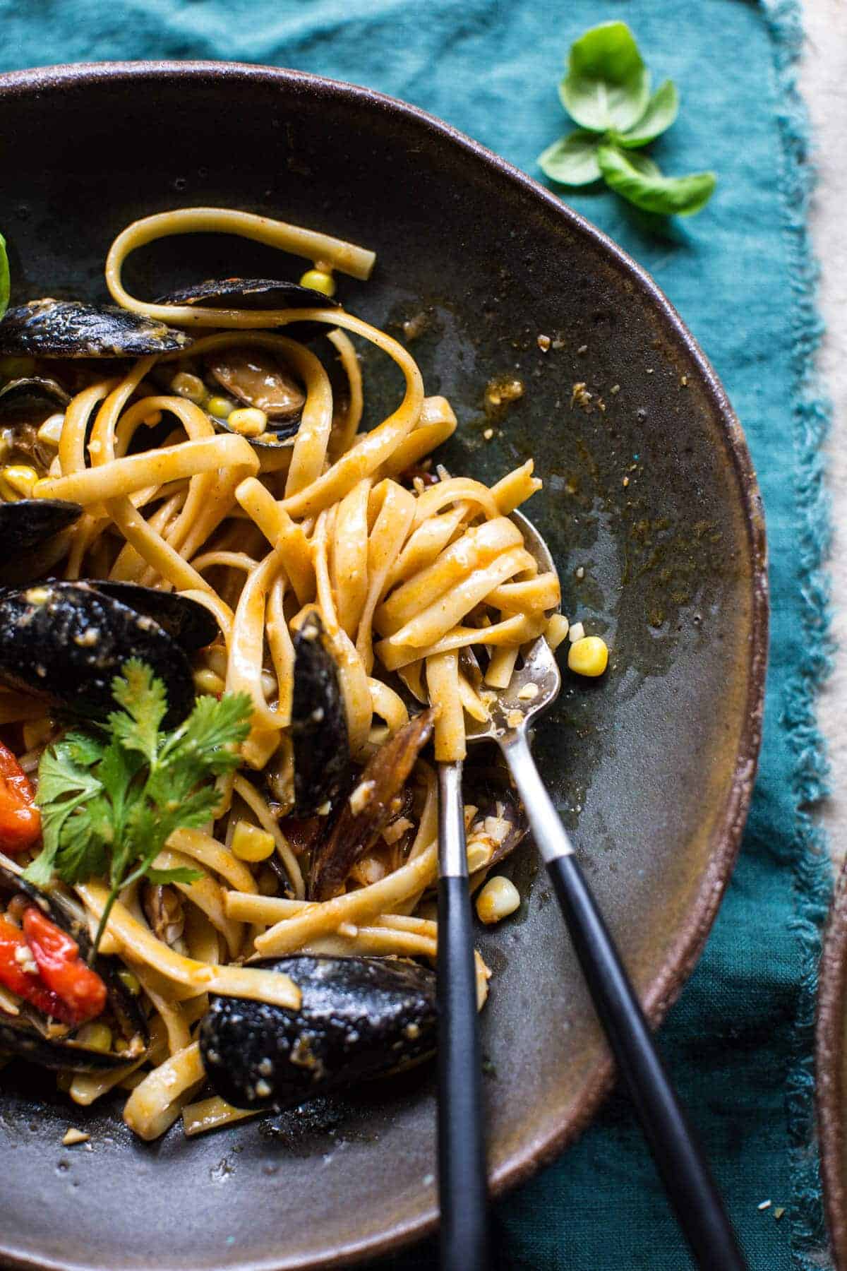 Basil Coconut Curry Pasta with Clams, Mussels and Corn | halfbakedharvest.com @hbharvest