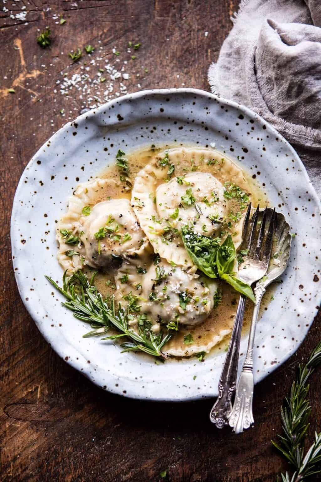 Mushroom Cheese Ravioli with Rosemary Butter Sauce. - Half Baked Harvest