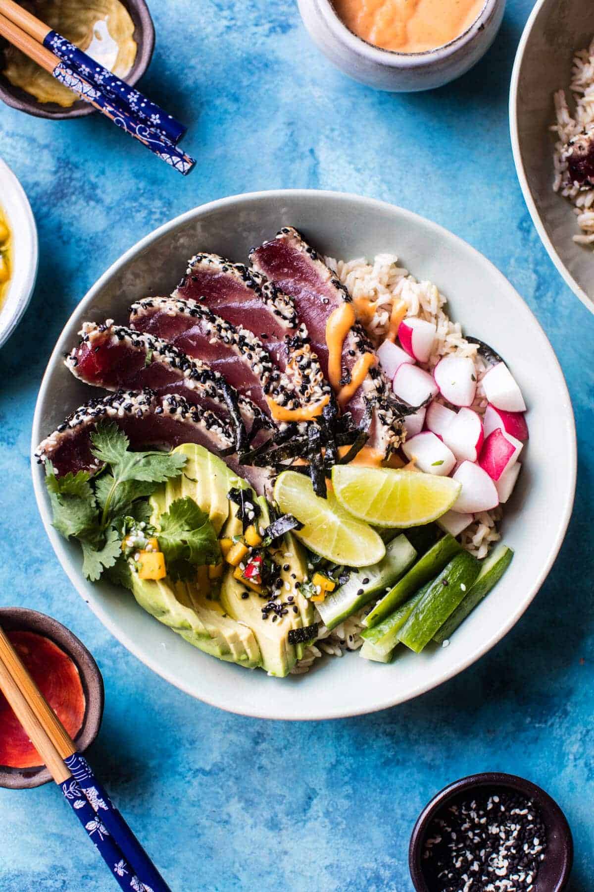 Spicy Brown Rice Seared Tuna Roll Bowl. - Half Baked Harvest