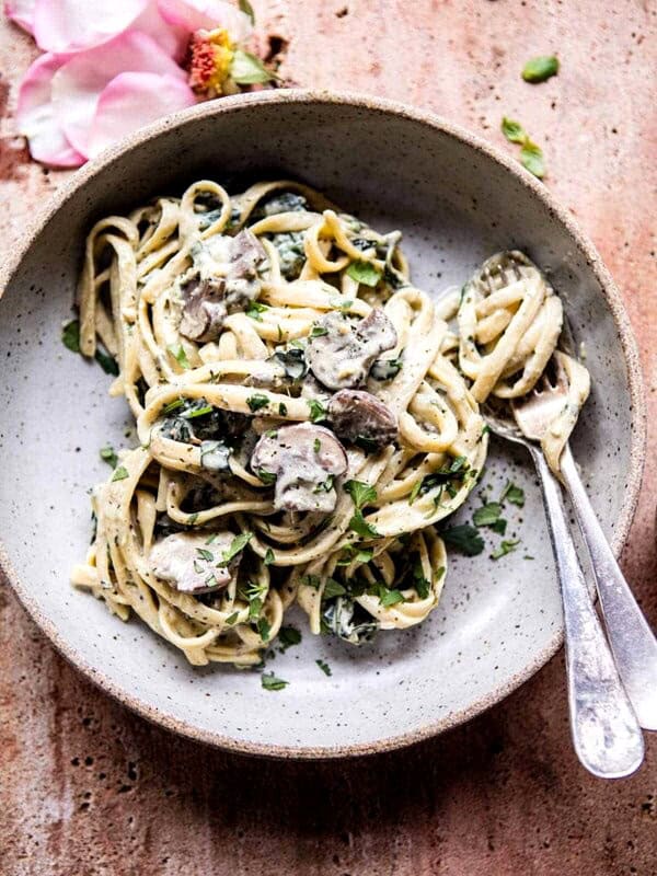 8 Ingredient Garlic Butter Mushroom and Goat Cheese Fettuccine | halfbakedharvest.com @hbharvest