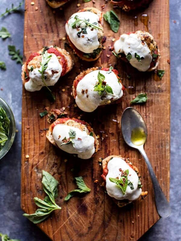 Chicken Parmesan Meatball Crostini | halfbakedharvest.com @hbharvest