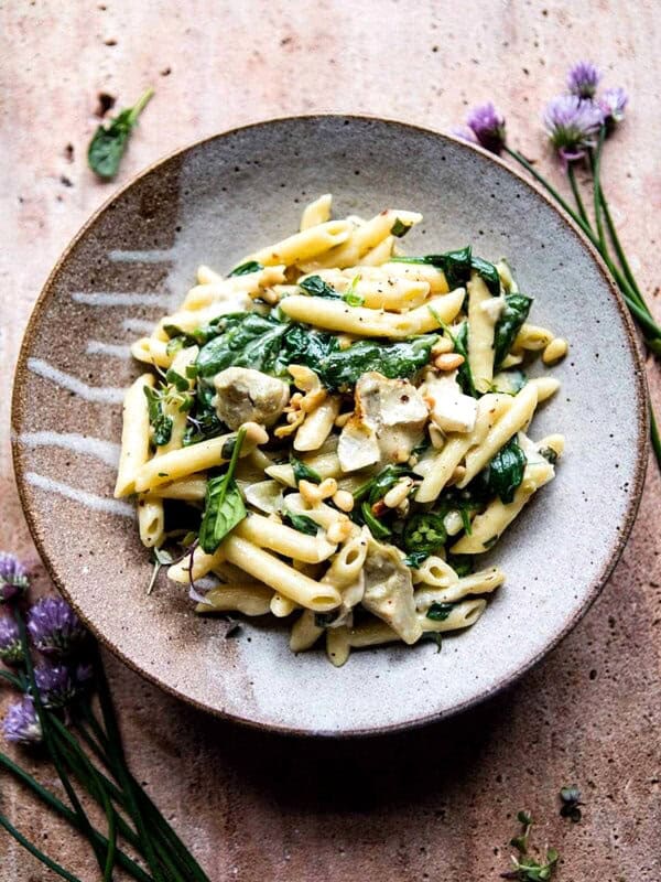 Lemony Spinach and Artichoke Brie Penne Pasta | halfbakedharvest.com @hbharvest