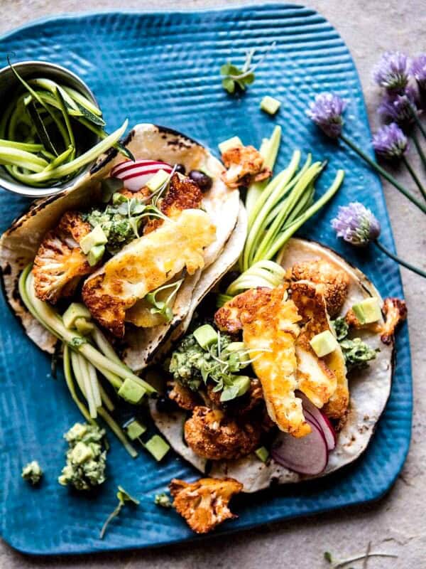 Roasted Cauliflower Fried Halloumi Tacos with Spicy Avocado Basil Salsa | halfbakedharvest.com @hbharvest