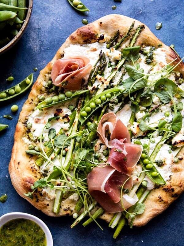 Super Green Pea and Asparagus Burrata Pizza | halfbakedharvest.com @hbharvest
