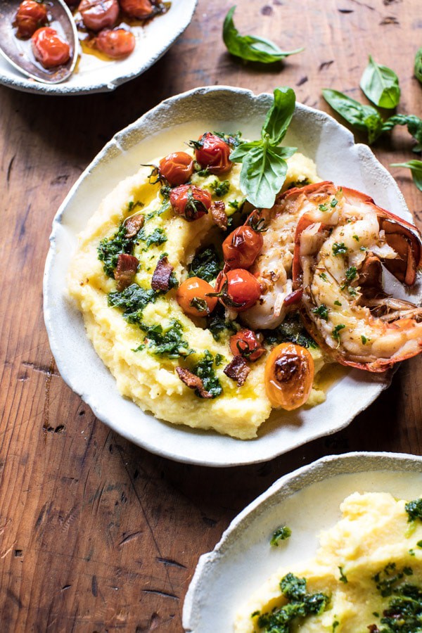 Brown Butter Lobster with Kale Pesto Polenta and Cherry Tomato Bacon Pan Sauce | halfbakedharvest.com @hbharvest