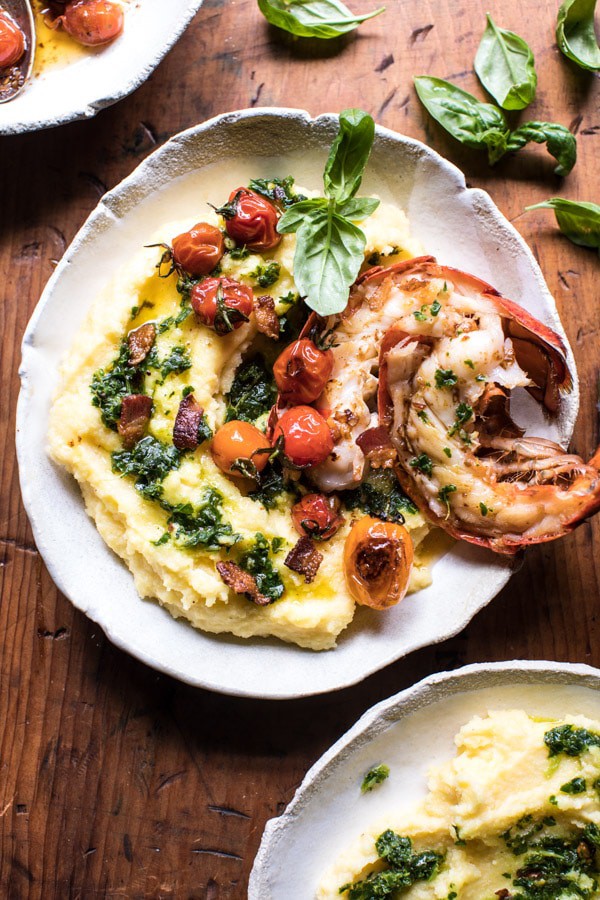 Brown Butter Lobster with Kale Pesto Polenta and Cherry Tomato Bacon Pan Sauce | halfbakedharvest.com @hbharvest