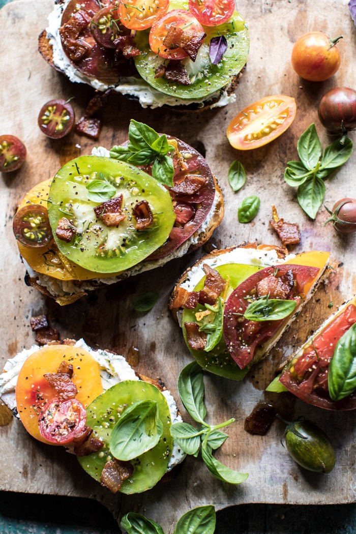 Opened Faced Tomato and Goat Cheese Sandwich with Hot Bacon Vinaigrette | halfbakedharvest.com @hbharvest