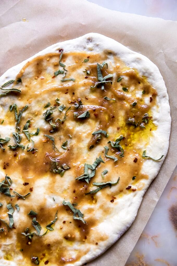 Brussels Sprout Mushroom Pizza with Crispy Prosciutto and Sage. Half