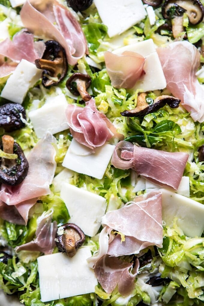 Brussels Sprout Mushroom Pizza with Crispy Prosciutto and Sage. Half