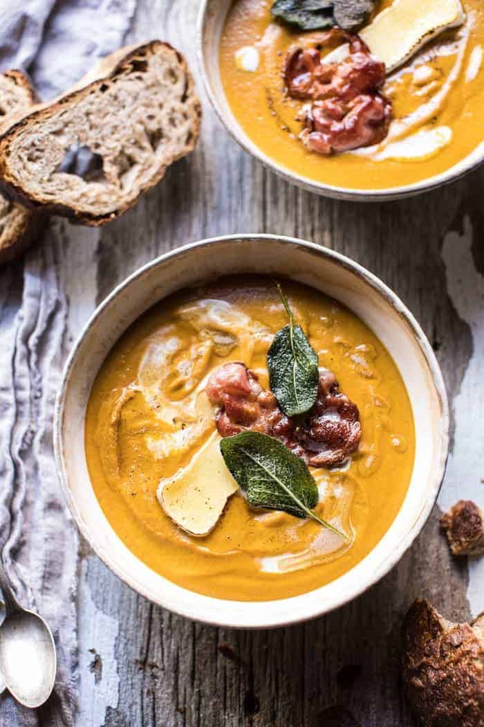 Butternut Squash and Brie Soup with Crispy Pancetta.