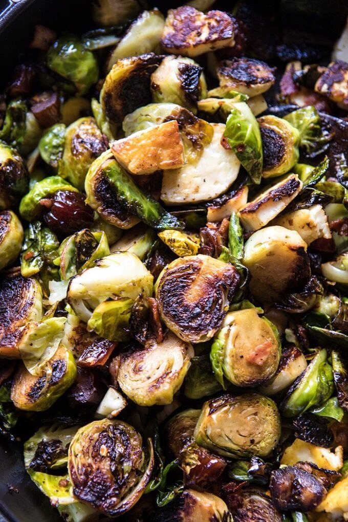 Pan Roasted Brussels Sprouts with Bacon, Dates and Halloumi. Half Baked Harvest