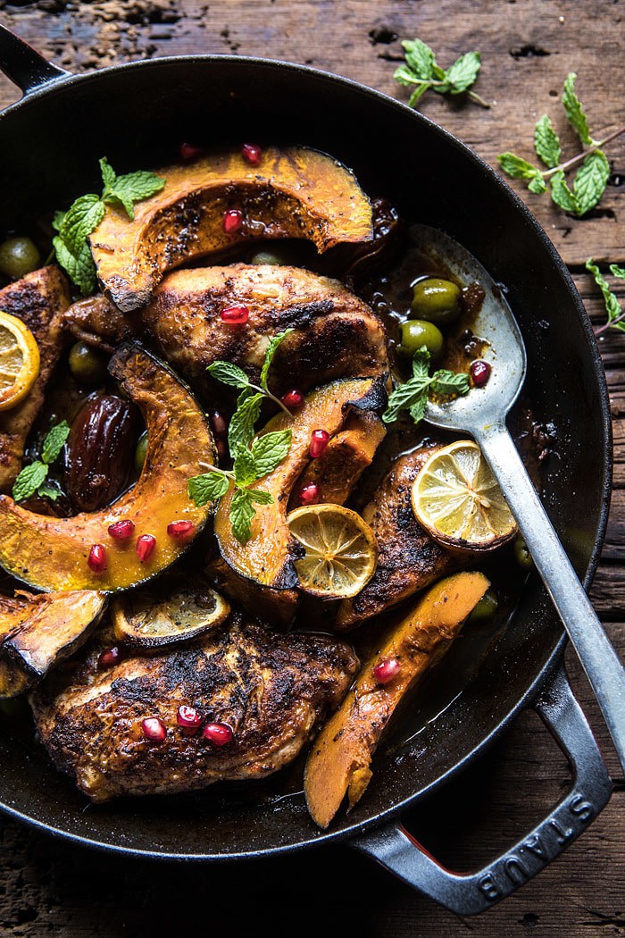 overhead photo of Skillet Roasted Moroccan Chicken and Olive Tagine 