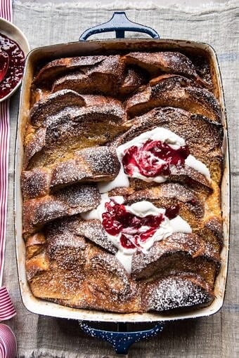Baked Cinnamon Creme Brulee French Toast with Raspberry Preserves | halfbakedharvest.com @hbharvest