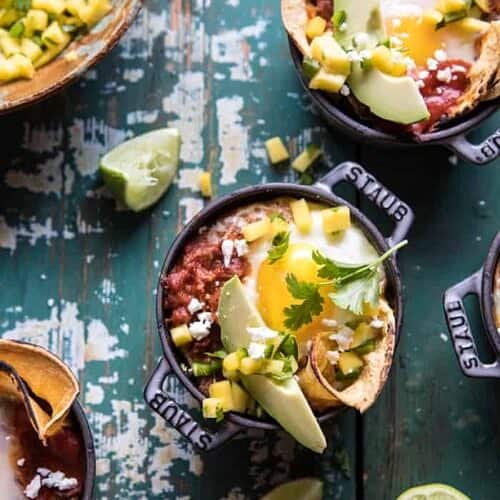 Chipotle Huevos Rancheros Bake with Mango Salsa. - Half Baked Harvest