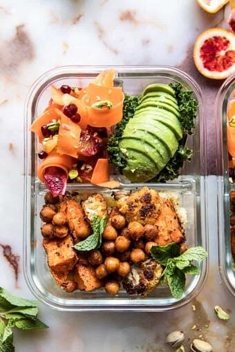Meal Prep Moroccan Chickpea, Sweet Potato, and Cauliflower Bowls | halfbakedharvest.com #mealprep #vegan #indian #healthy #sheetpan