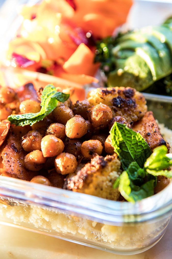 Meal Prep Moroccan Chickpea, Sweet Potato, and Cauliflower Bowls | halfbakedharvest.com #mealprep #vegan #indian #healthy #sheetpan