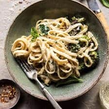 No-Guilt Broccoli Fettuccine Alfredo | halfbakedharvest.com @hbharvest #healthy #pasta #Italian #hummus