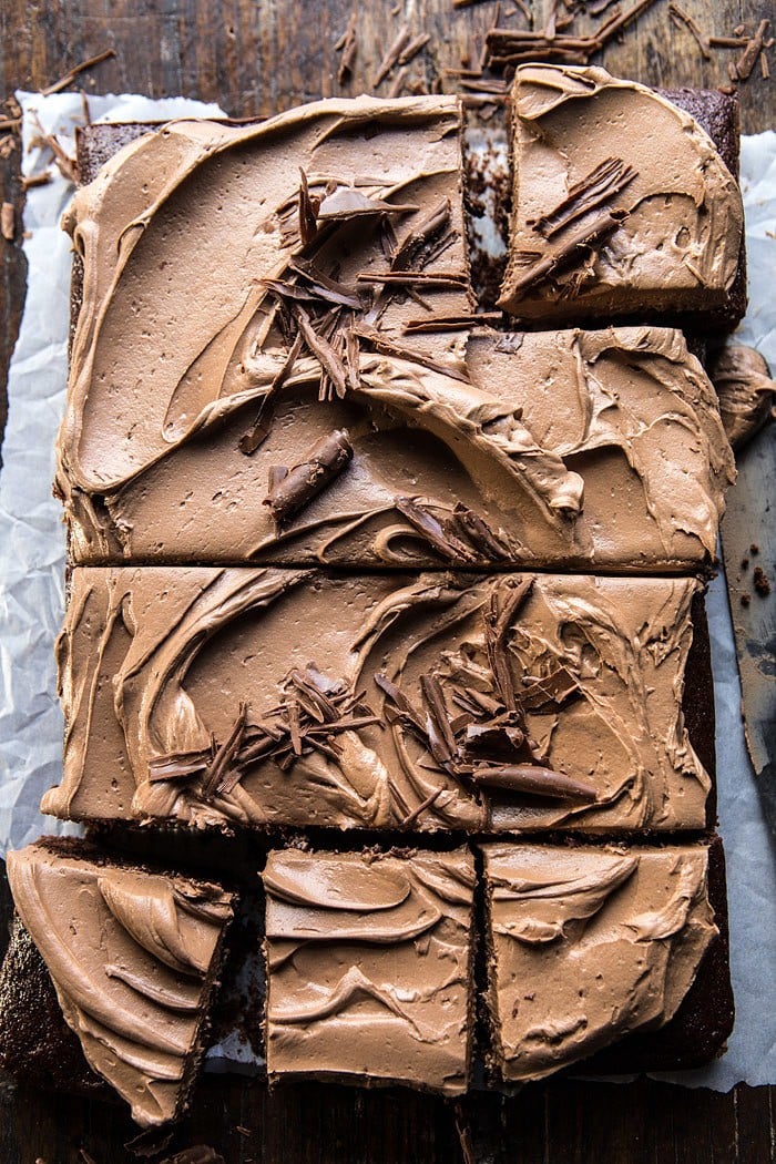 One Bowl Chocolate Sheet Cake with Milk Chocolate Fudge Frosting | halfbakedharvest.com #cake #chocolate #birthday #valentinesday