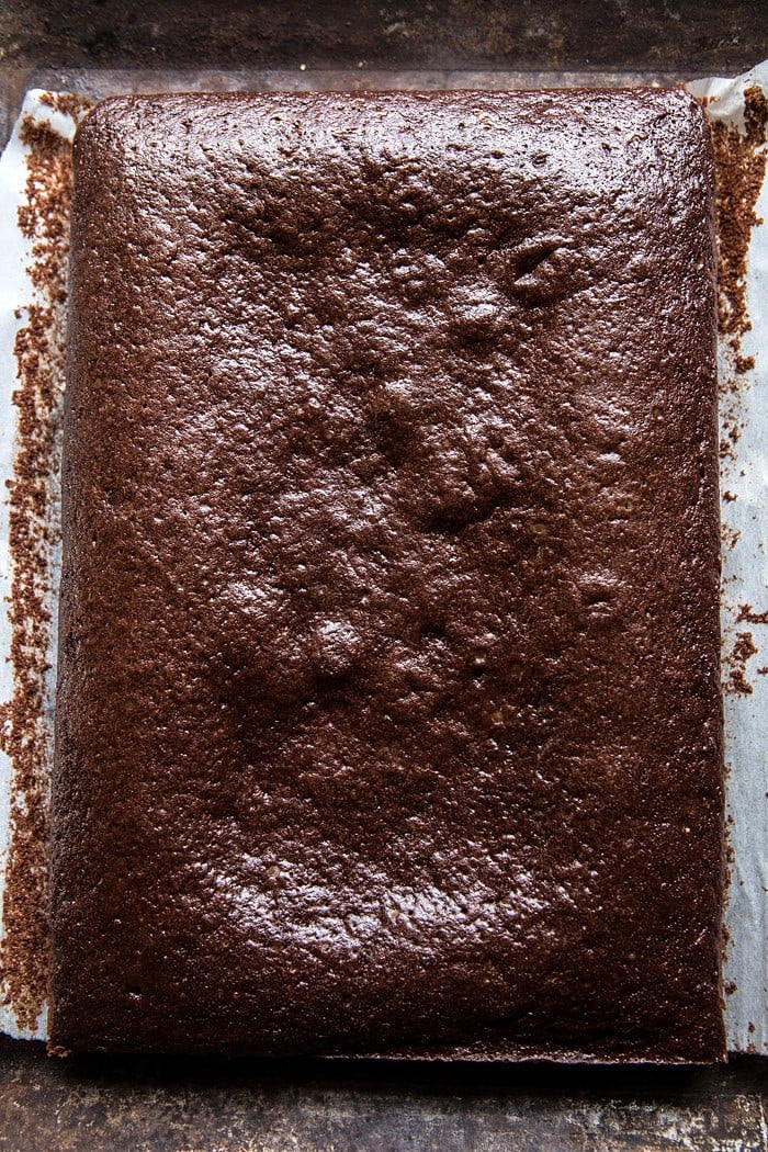 One Bowl Chocolate Sheet Cake with Milk Chocolate Fudge Frosting | halfbakedharvest.com #cake #chocolate #birthday #valentinesday
