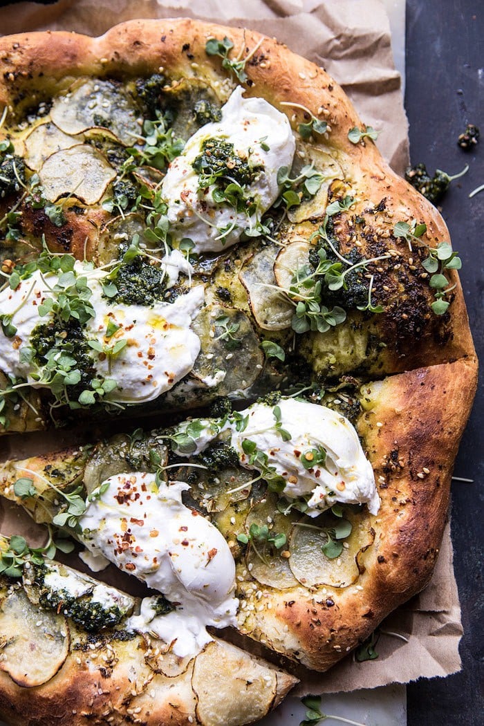 Pesto Potato and Burrata Pizza | halfbakedharvest.com #pizza #easy #recipes #spring