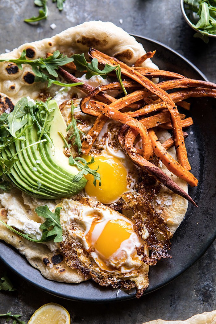 Ricotta Naan with Fried Egg and Sweet Potato Fries | halfbakedharvest.com #brunch #recipes #healthy