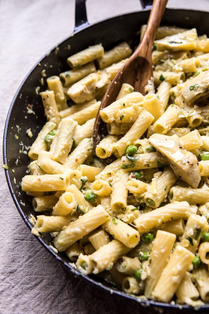 30 Minute Artichoke and Pea Rigatoni Pasta | halfbakedharvest.com #pasta #spring #artichokes #recipes