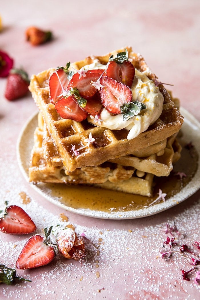 Overnight Waffles with Whipped Meyer Lemon Cream and Strawberries | halfbakedharvest.com #brunch #breakfast #waffles #east #mothersday