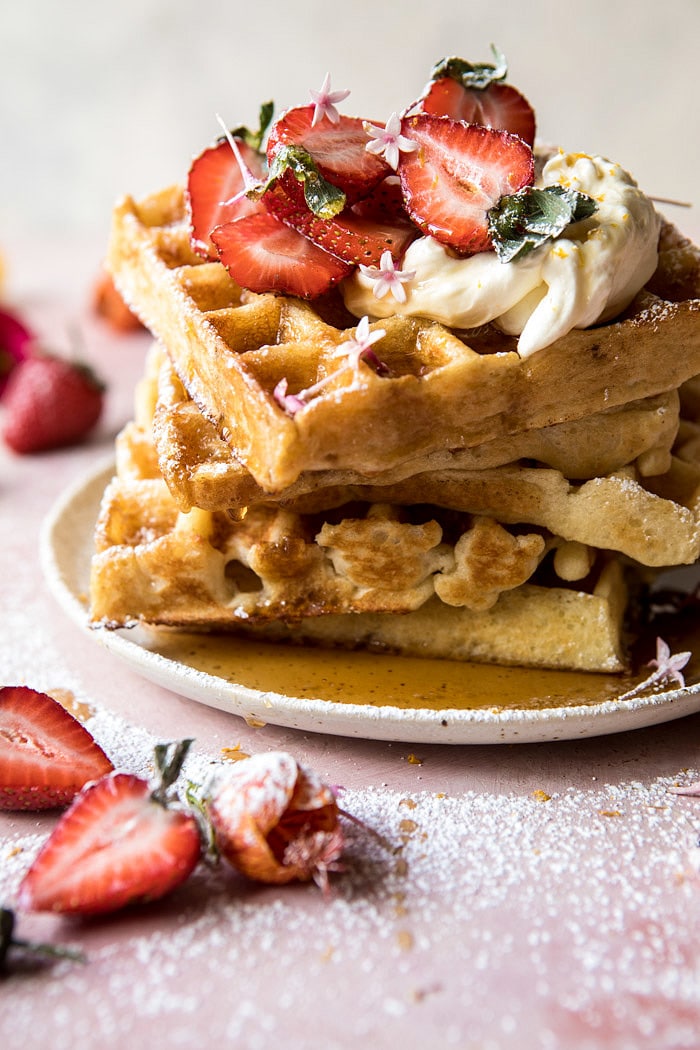 Overnight Waffles with Whipped Meyer Lemon Cream and Strawberries | halfbakedharvest.com #brunch #breakfast #waffles #east #mothersday