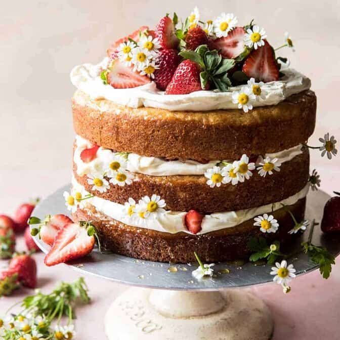 Strawberry Chamomile Naked Cake | halfbakedharvest.com #cake #spring #strawberry #recipes #easter