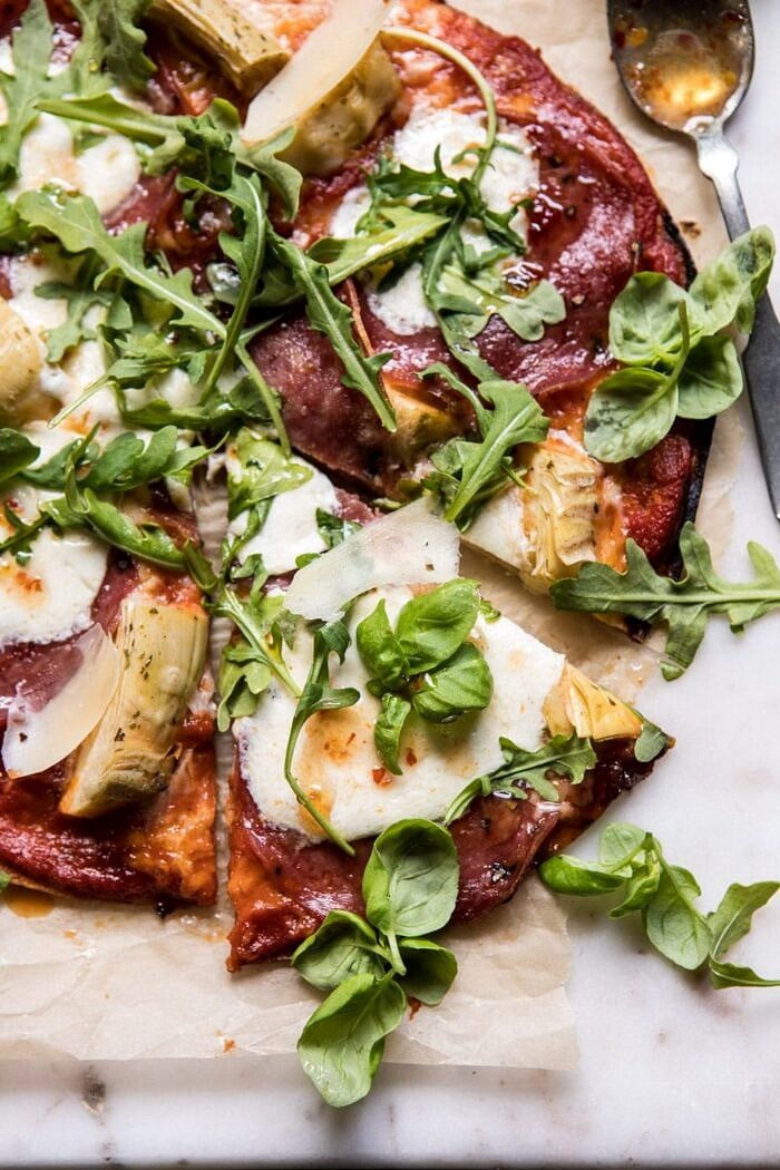 15 Minute Thin Crust Pizza with Arugula and Hot Honey | halfbakedharvest.com #pizza #quick #easy #recipe
