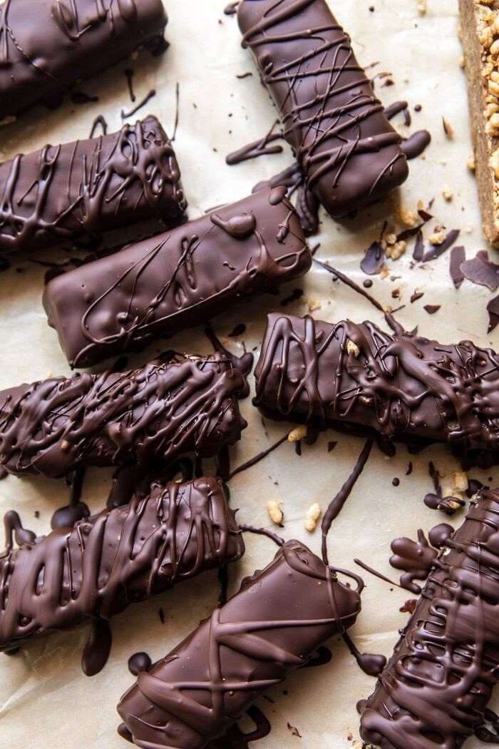 5 Ingredient Chocolate Covered Peanut Butter Crunch Bars | halfbakedharvest.com #chocolate #dessert #healthy