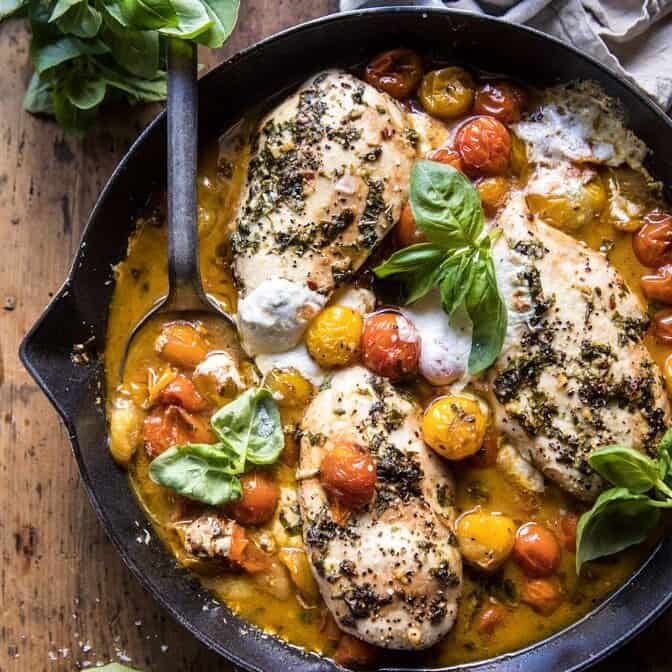 Cheesy Tomato Basil Stuffed Chicken | halfbakedharvest.com #chicken #easy #recipes