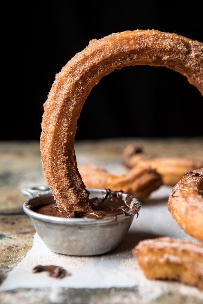 Easy Cinnamon Churros with Coffee Chocolate Sauce | halfbakedharvest.com #mexican #doughnut #dessert #chocolate
