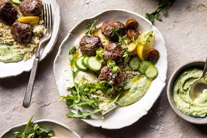 Greek Lamb Meatballs with Avocado Goddess Sauce | halfbakedharvest.com #lamb #easy #meatballs