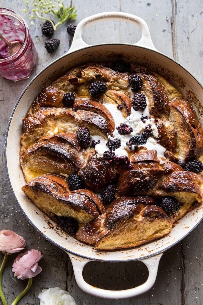 overhead photo of Baked Blackberry Ricotta French Toast
