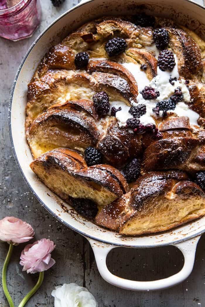 close up overhead photo of Baked Blackberry Ricotta French Toast