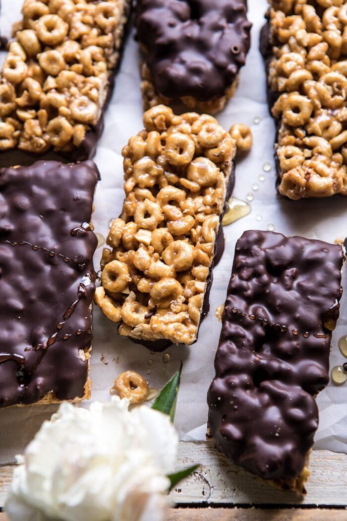 overhead close up photo of Chocolate Dipped Peanut Butter and Honey Cheerio Bars