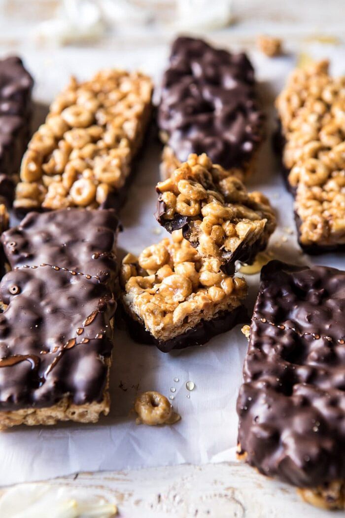 side photo of Chocolate Dipped Peanut Butter and Honey Cheerio Bars