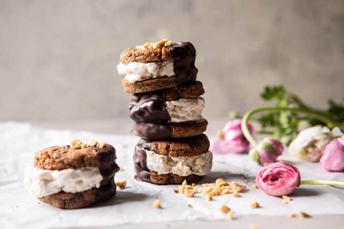 horizontal front on photo of Chocolate Dipped Peanut Cookie Ice Cream Sandwiches