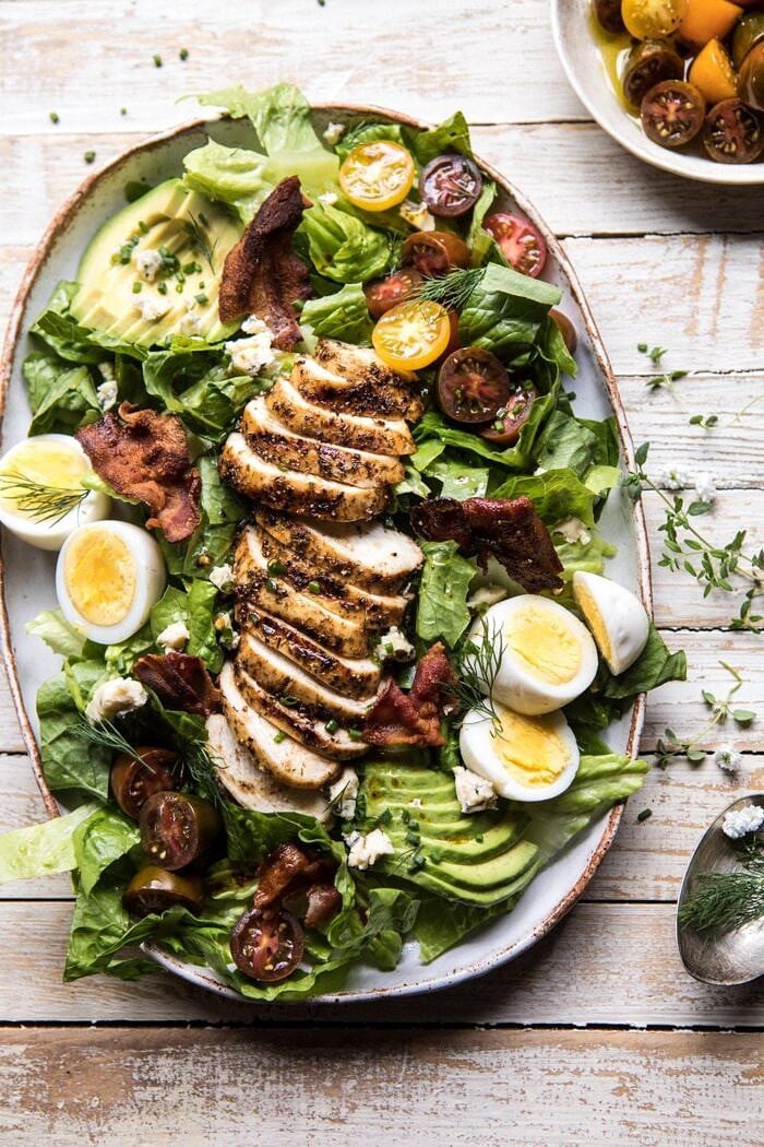 overhead photo of Balsamic Grilled Chicken Cobb Salad
