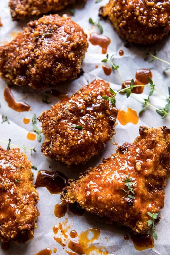 close up photo of Oven Fried Southern Hot Honey Chicken
