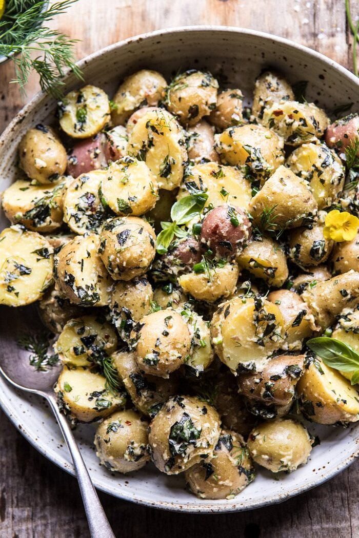 close up overhead photo of The Best Herby Potato Salad