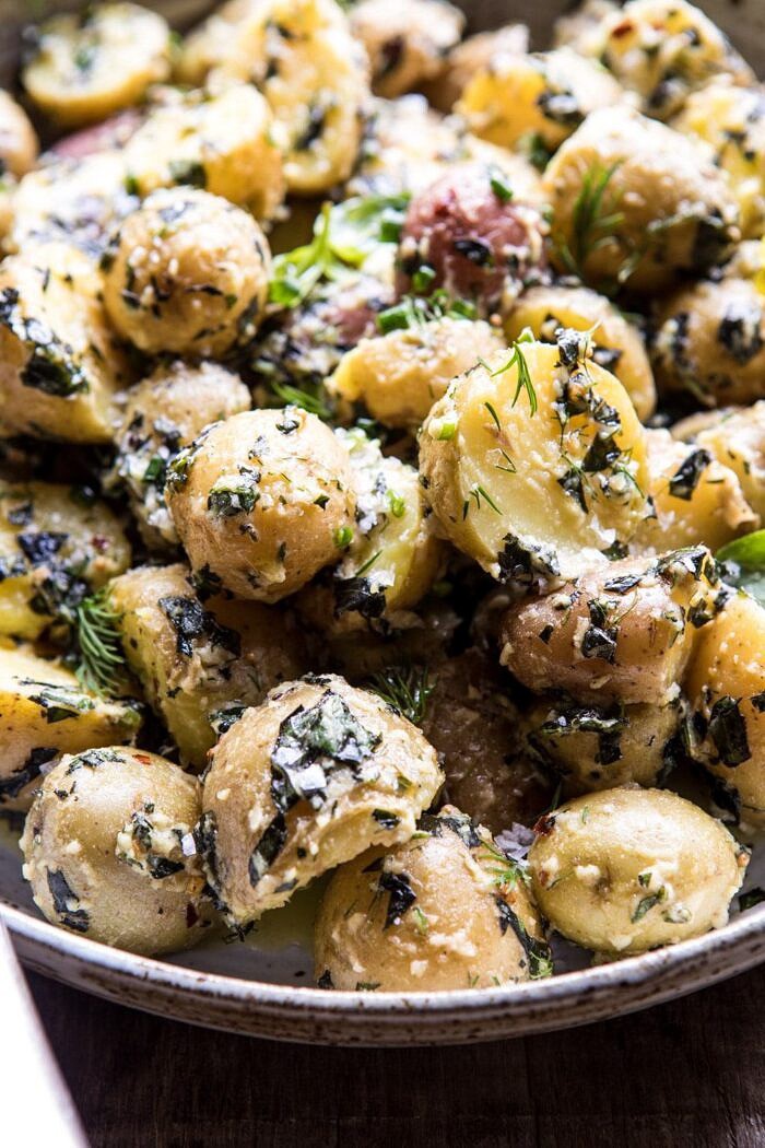 side angle close up photo of The Best Herby Potato Salad 