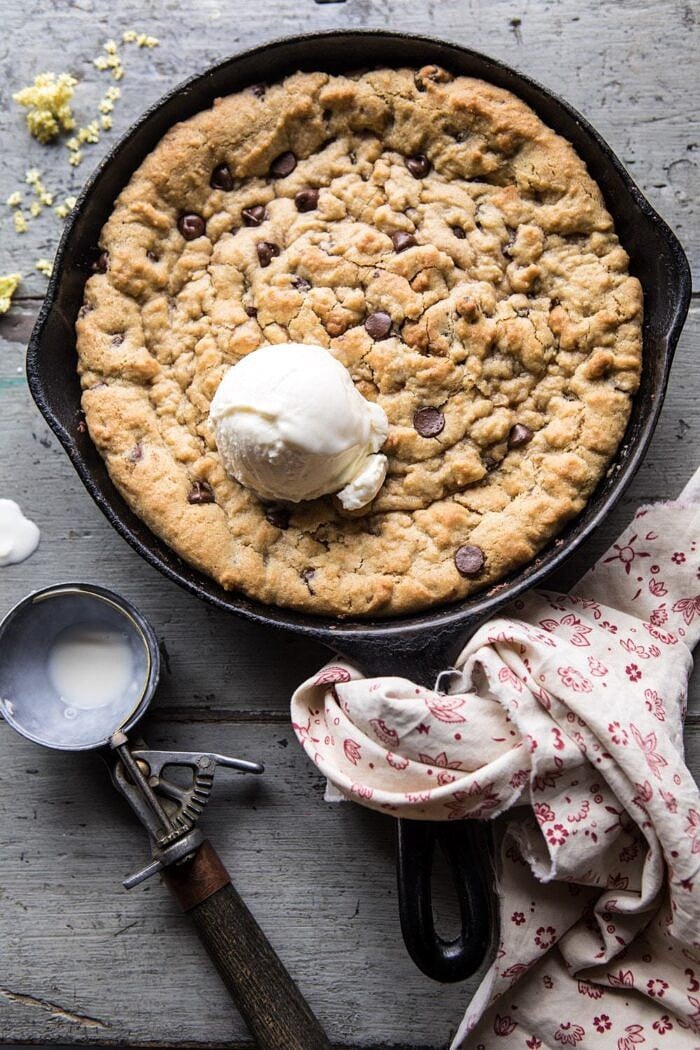 overhead photo final photo of Whole Wheat Chocolate Chip Skillet Cookie with ice cream