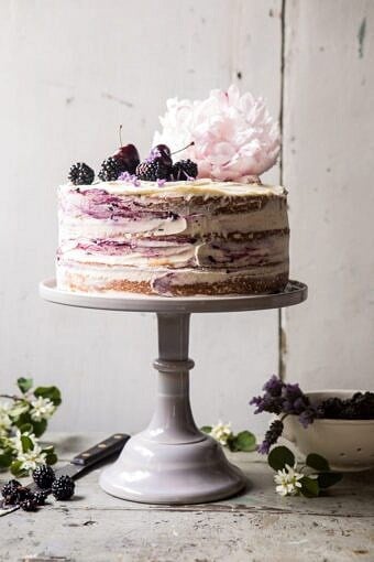 Blackberry Lavender Naked Cake with White Chocolate Buttercream | halfbakedharvest.com #summerrecipes #layercake #blueberries