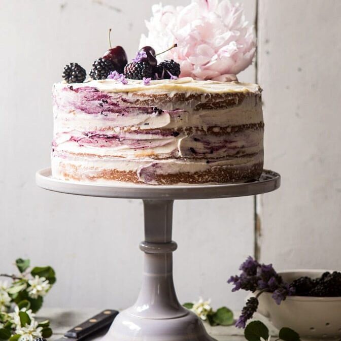 Blackberry Lavender Naked Cake with White Chocolate Buttercream | halfbakedharvest.com #summerrecipes #layercake #blueberries