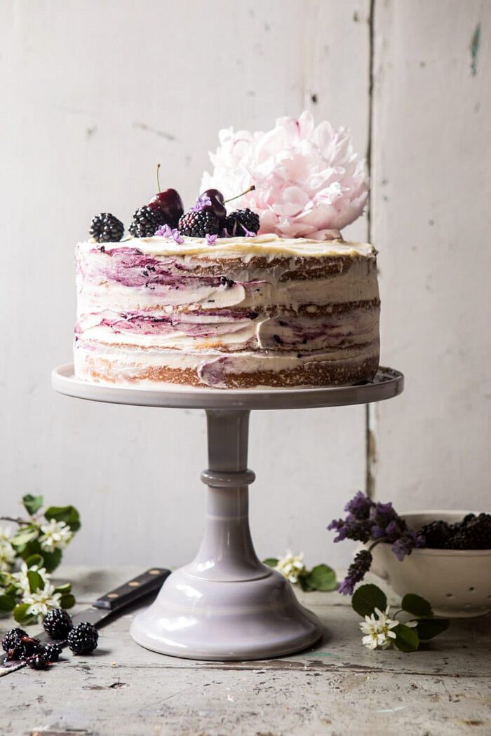 front on photo of Blackberry Lavender Naked Cake with White Chocolate Buttercream 