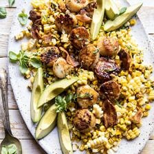 Brown Butter Scallops with Corn, Bacon, and Avocado Salad | halfbakedharvest.com #scallops #summerrecipes #easyrecipes
