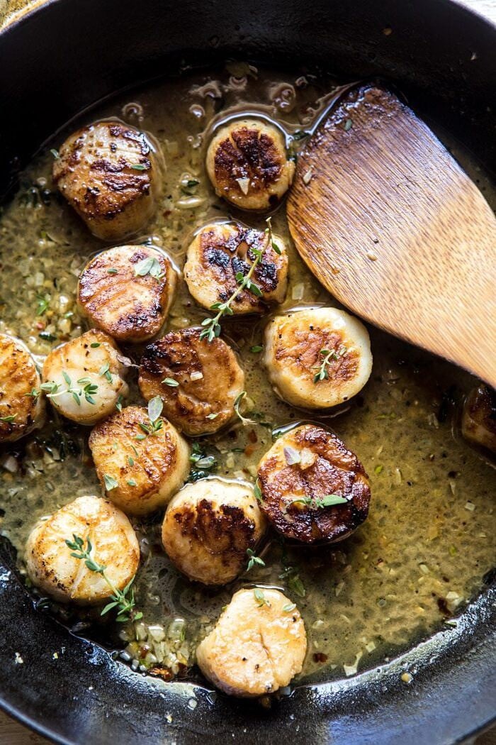 overhead photo of Brown Butter Scallops in skillet
