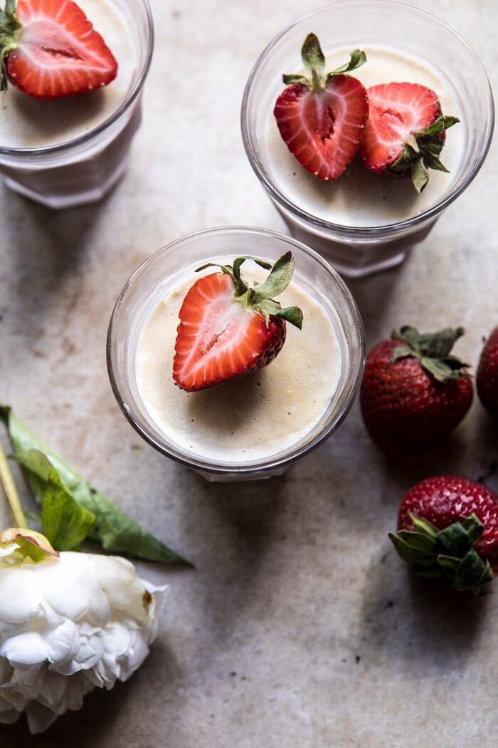overhead photo of Creamy Mocha Custard with strawberries on top